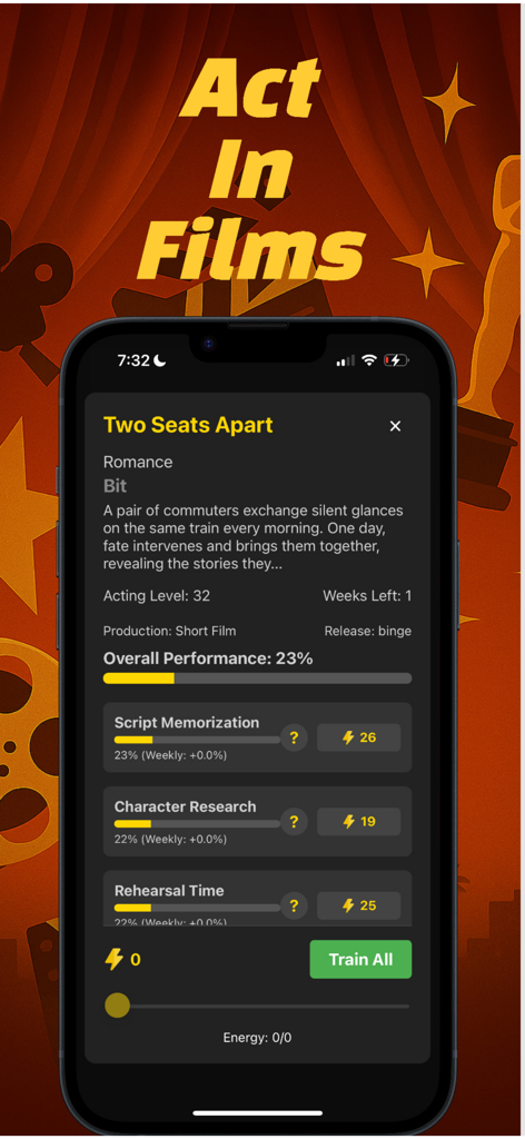 ActorLife-Actor Life Simulator - Interface of the ActorLife mobile game showing film project management for a movie titled Two Seats Apart with acting performance stats