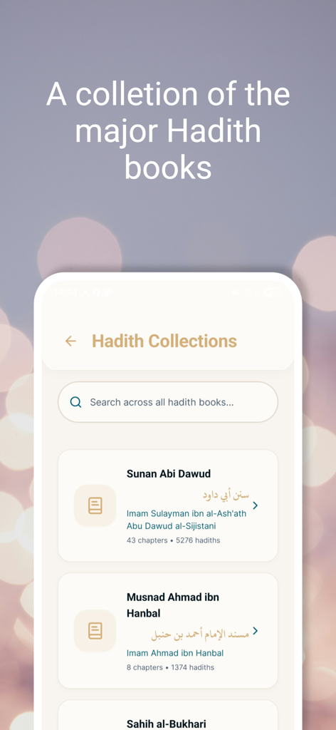 A screen from the Umrah Guide app displaying a searchable list of major Hadith books including Sunan Abi Dawud.