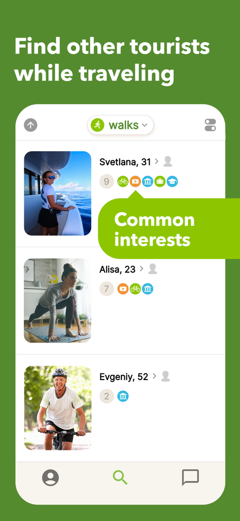 Mahnem - Mahnem app interface showing user profiles with icons representing common travel interests like cycling and museums