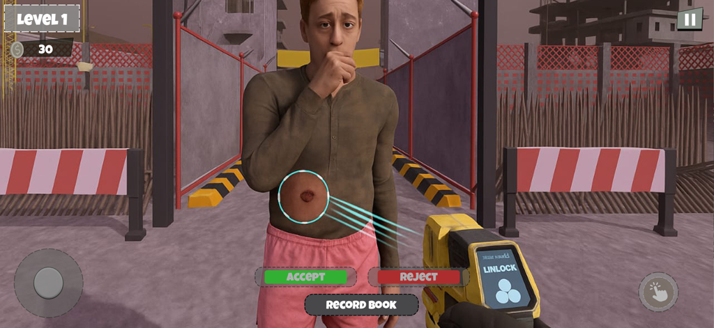 Safe Zone The Check Point Game - A security officer uses a scanner to detect a zombie bite mark on a person at a safe zone checkpoint