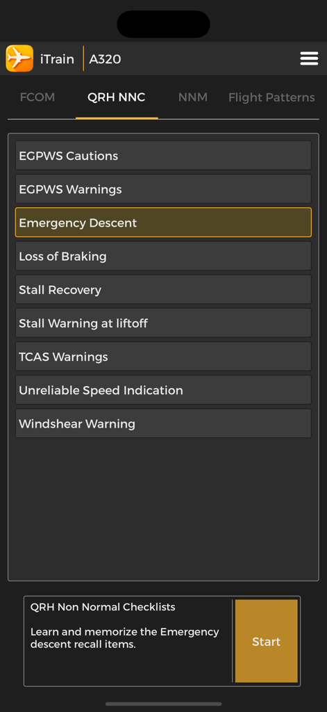 iTrain A320 - Interface of the iTrain A320 app displaying a list of Quick Reference Handbook Non-Normal Checklists including Emergency Descent and Stall Recovery.