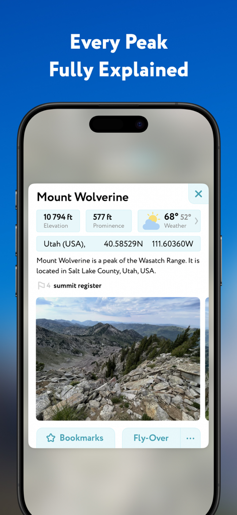 Ein detailliertes Profil des Mount Wolverine in der PeakVisor-App mit Angaben zu Höhe, Prominenz und Wetterdaten.