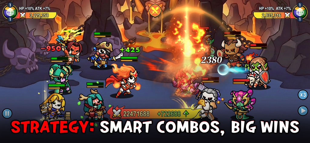 A battle scene in Skull Up showing strategic character combos and combat effects in an undead fantasy setting.