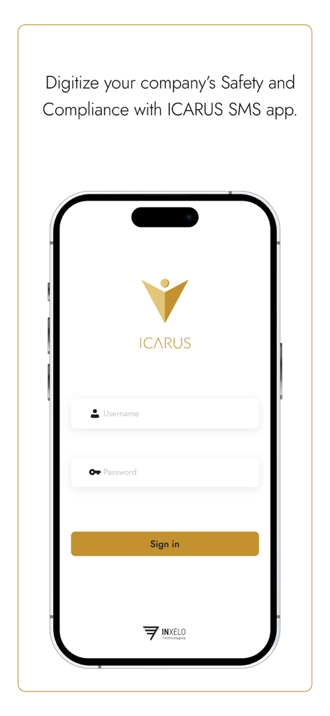 ICARUS SMS 항공 안전 및 규정 준수 모바일 애플리케이션의 로그인 화면으로, 사용자 이름 및 비밀번호 필드가 표시됩니다.