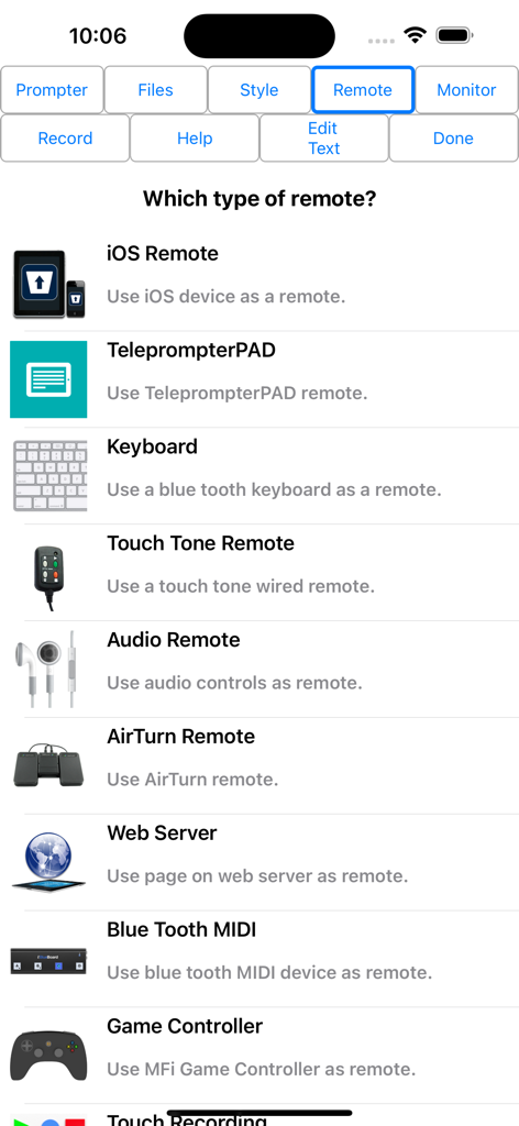 PrompterPal - Interfaz de PrompterPal mostrando varias opciones de control remoto, incluyendo teclado y mando de juegos.