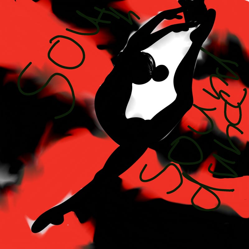 gymnast doing a leap in a leotard with a bent back leg