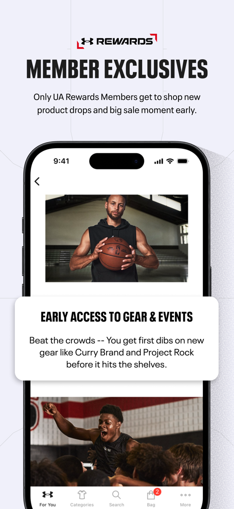 Under Armour app screen showing UA Rewards member exclusives and early access to sports gear like Curry Brand.