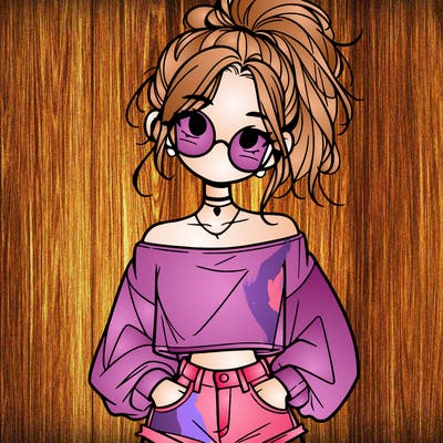 girl with a messy ponytail glasses a baggy crop top and jean shorts