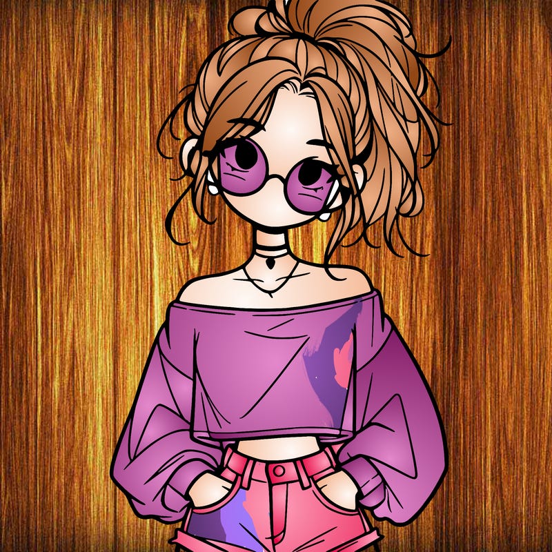 girl with a messy ponytail glasses a baggy crop top and jean shorts