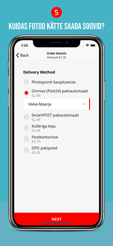 Smartphone-Bildschirm, der verschiedene Liefermethoden für Fotodrucke in der Photopoint Photoexpress App anzeigt