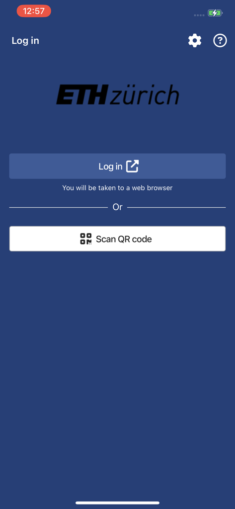 ETH Moodle - Anmeldebildschirm der ETH Moodle App mit dem ETH Zürich Logo und Optionen zur Anmeldung über einen Webbrowser oder zum Scannen eines QR-Codes