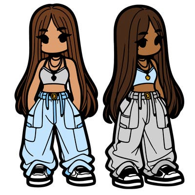 girl in baggy pants crop top and long hair