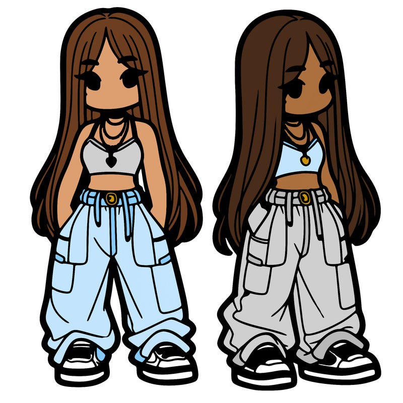 girl in baggy pants crop top and long hair