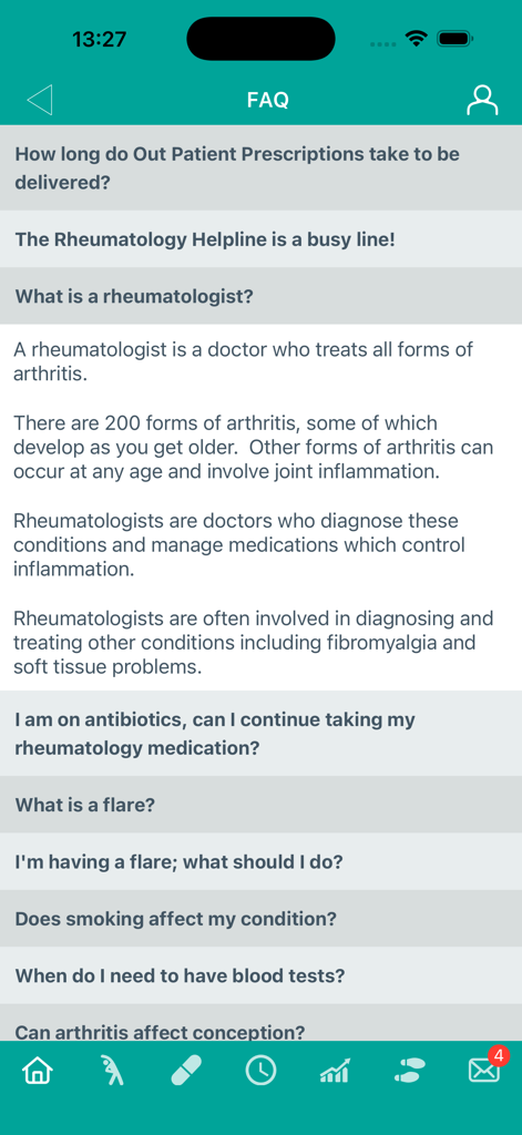 CONNECTPlus - CONNECTPlus app FAQ screen providing clinical information about rheumatology and arthritis.