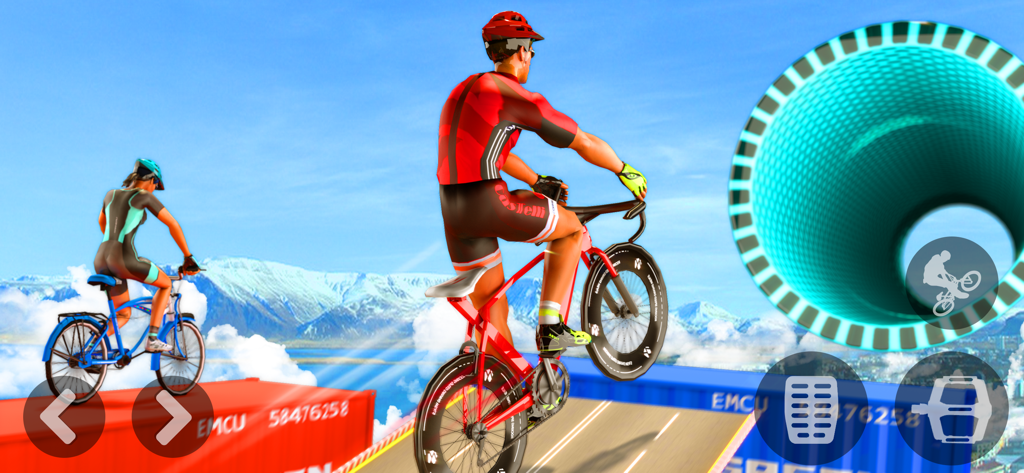 Ciclistas montando en una mega rampa en el cielo hacia un gran túnel