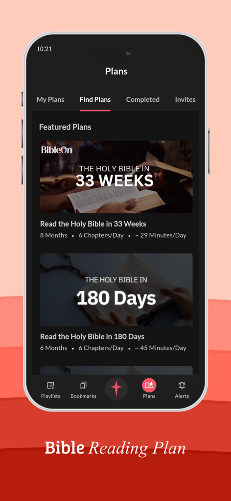 BibleOn Catholic Bible + Audio - BibleOnアプリの画面。33週間や180日などのさまざまな聖書読書計画が表示されています。