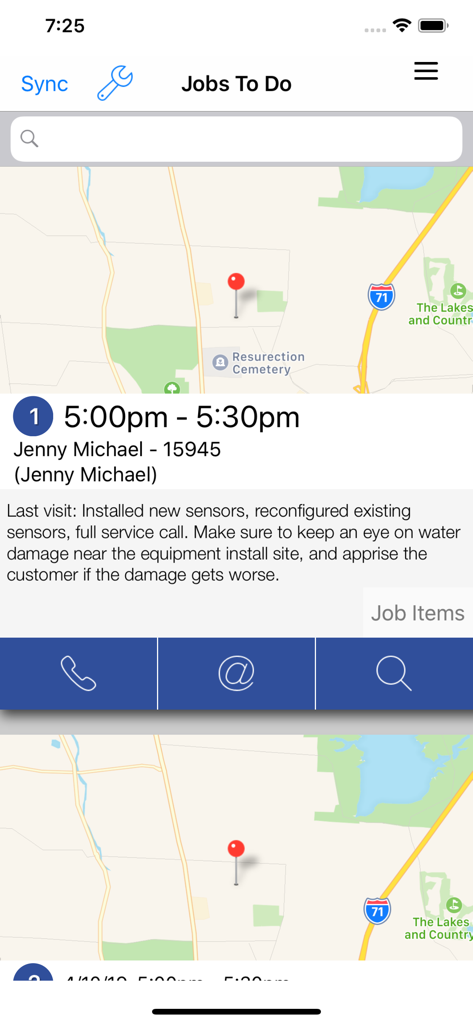 iFleet 4 for Smart Service - Mobile app screen showing field service job details with map location and customer history notes.