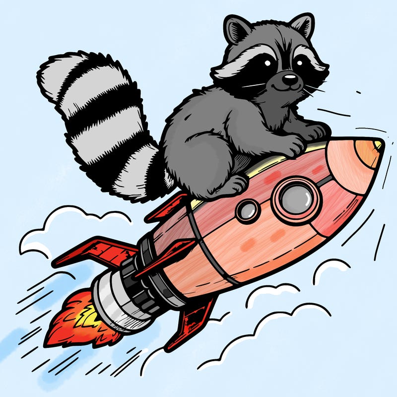 realistic raccoon flying on top rocket ship