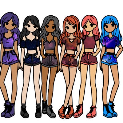 a group of girls wearing crop tops and shorts