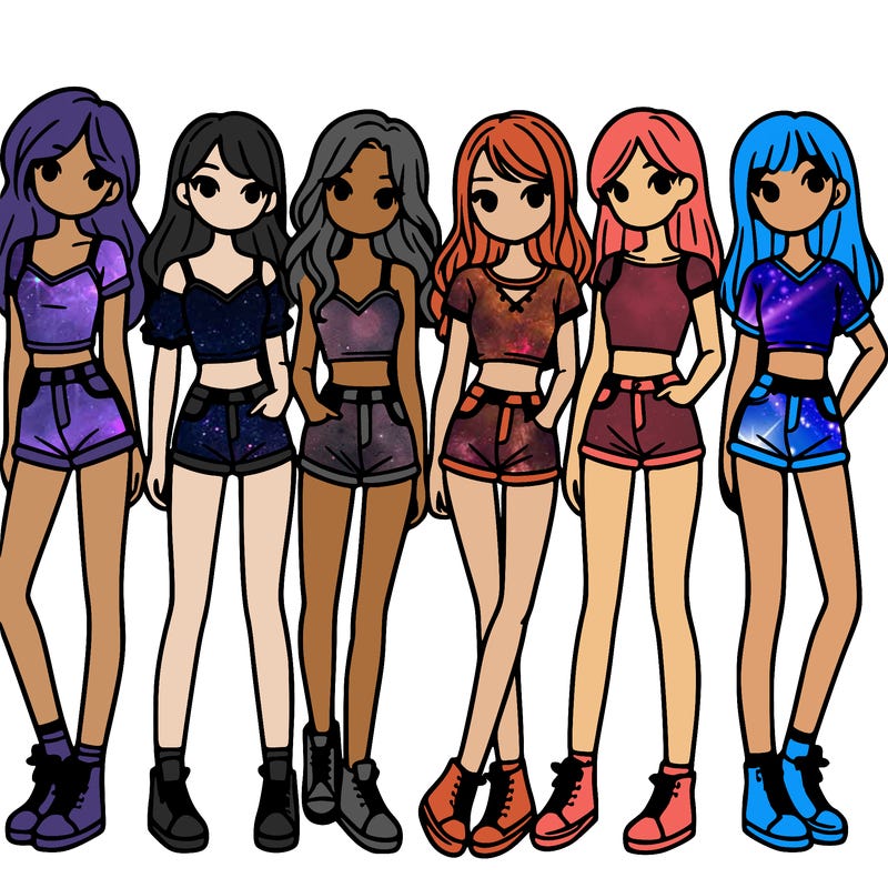 a group of girls wearing crop tops and shorts