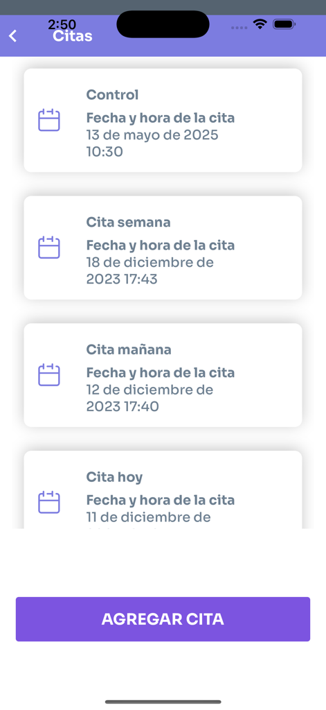 Biva Recordatorio Medicamentos - Pantalla móvil que muestra una lista de citas médicas programadas dentro de la aplicación Biva