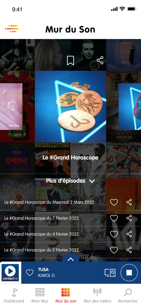 Les Indés Radios - The Mur du Son visual discovery interface in the Les Indes Radios app showing a grid of music and the Grand Horoscope show episodes.