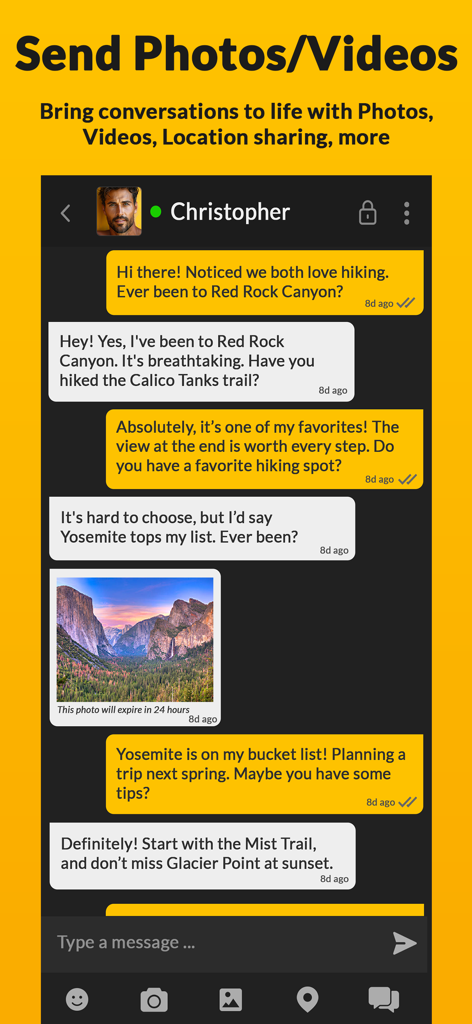 WOOLFR Gay Dating, Chat, Meet - Interface de chat mobile de l'application WOOLFR affichant une conversation texte et une photo partagée qui expire dans 24 heures