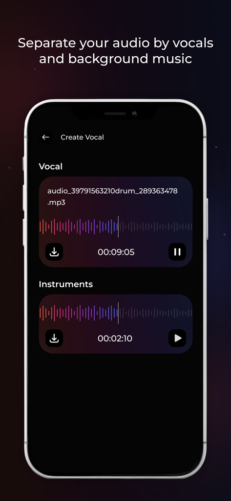 Smartphone-Bildschirm zeigt separate Gesangs- und Instrumentalspuren mit Audio-Wellenformen in der Vocal Remover AI App