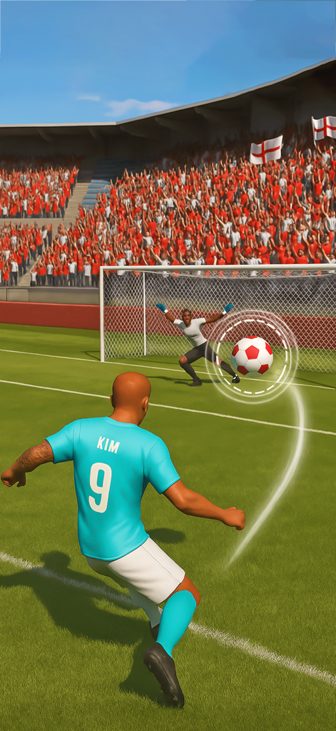 A soccer striker taking a penalty shot at the goal in a crowded stadium