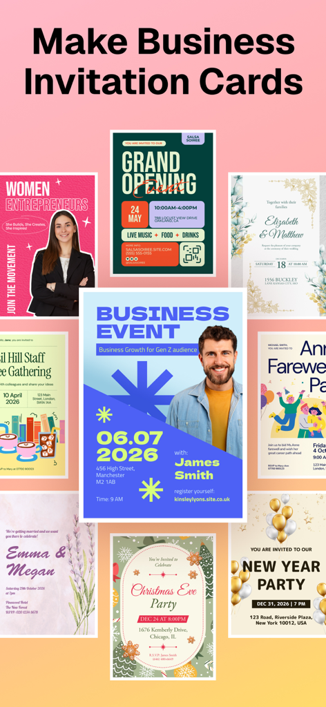 Flayer: AI Poster Maker, Flyer - プロフェッショナルなビジネスおよびソーシャルイベント招待状カードテンプレートのコレクション