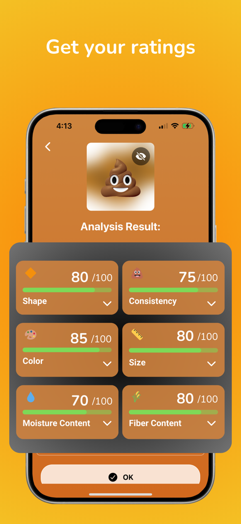 Poop Tracker & Gut Log - PooIQ - AI analysis screen in the PooIQ app displaying stool ratings for shape consistency color and size