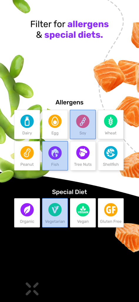 Interface for filtering menu items by allergens and special diets in the Nutrislice app