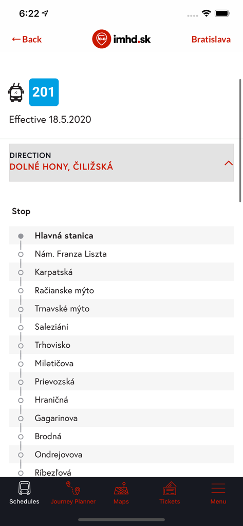 Stoppliste der Oberleitungsbuslinie 201 in Bratislava in der mobilen App imhd.sk.