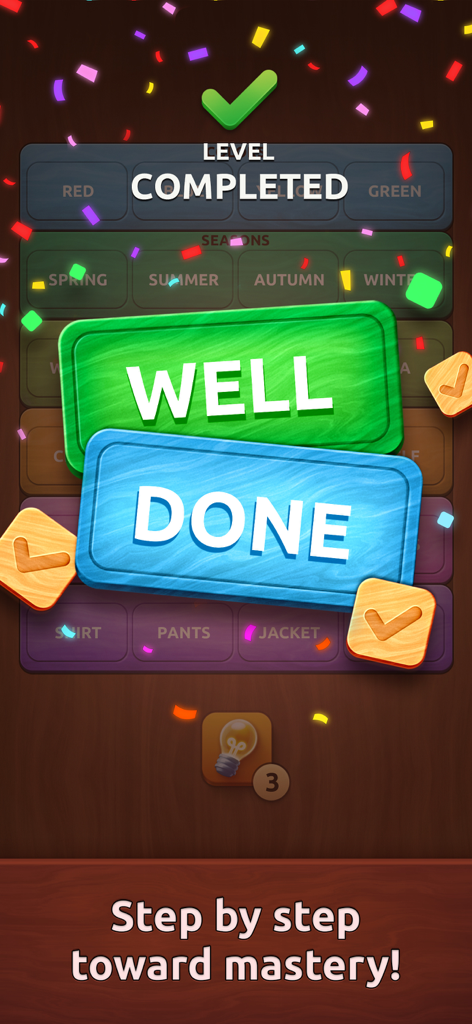 A level completed screen in the Associations Colorwood word puzzle game featuring wooden blocks and celebratory confetti