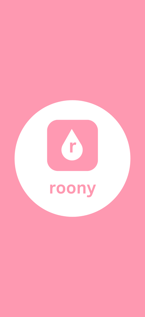 Period tracker - roony - Logotipo de la aplicación de rastreo de período Roony con un icono de lágrima sobre un fondo rosa.