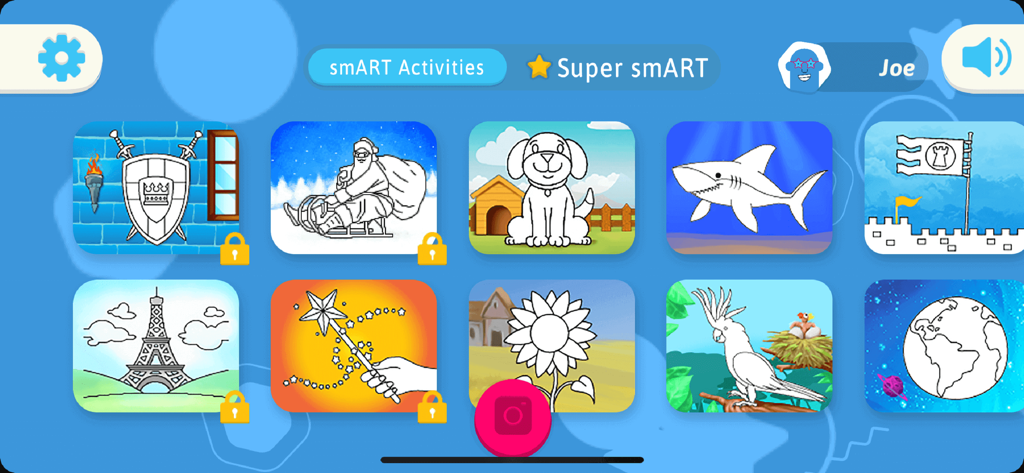 A menu of drawing activities including a dog shark and sunflower in the smART sketcher projector app