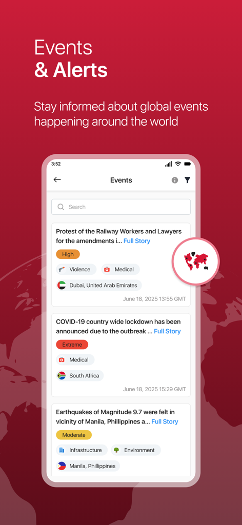 My Global Rescue app displaying real-time global safety events and risk alerts for international travelers