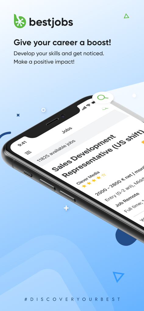 bestjobs - La interfaz de la aplicación Bestjobs muestra una oferta de empleo remota para Representante de Desarrollo de Ventas