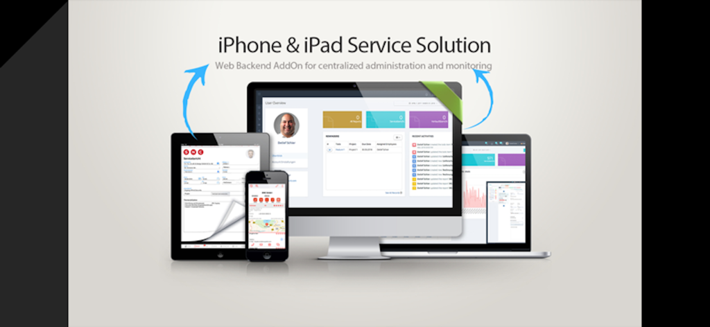 iReport Business - iReport BusinessアプリケーションインターフェイスがiPhone、iPad、およびデスクトップに表示され、集中管理用のWebバックエンドを備えています