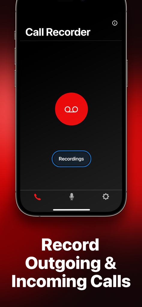 Interfaccia principale dell'app Call Recorder RecMyCalls che mostra il pulsante di registrazione e il testo Registra Chiamate in Uscita e in Entrata