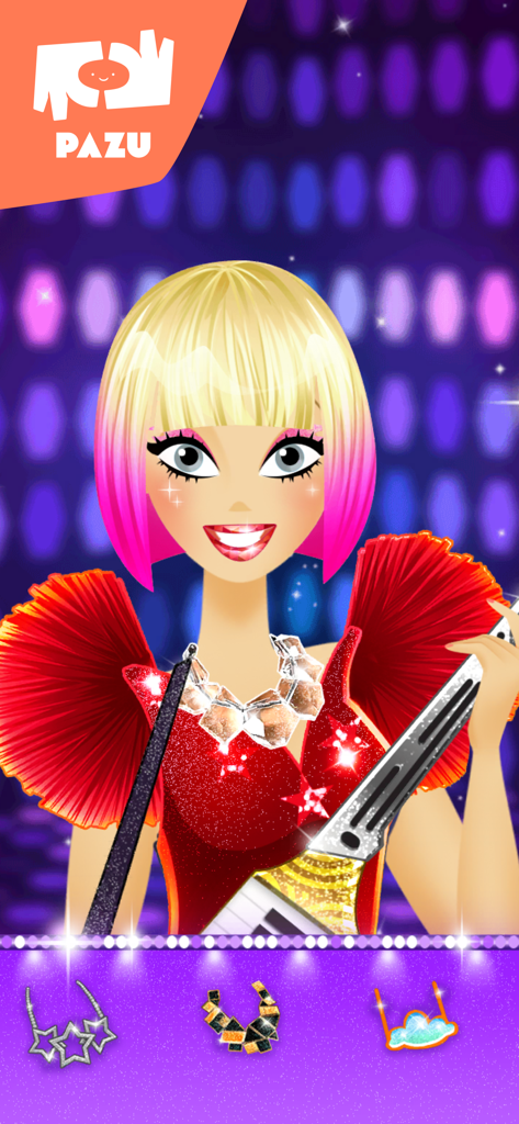 Uma personagem popstar estilosa com um keytar e cabelos coloridos no aplicativo Makeup girls star dress up