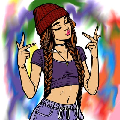 realistic teenage girl with braids and a beanie and crop top doing 🫶🏼