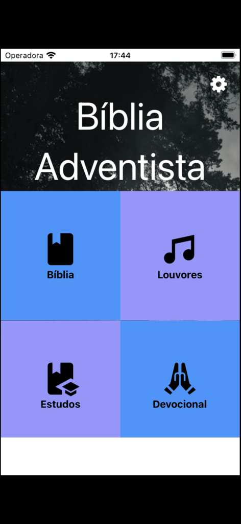 Adventist Study Bible - Menú principal de la aplicación Biblia de Estudio Adventista con opciones de Biblia, Himnario y Estudios Devocionales.