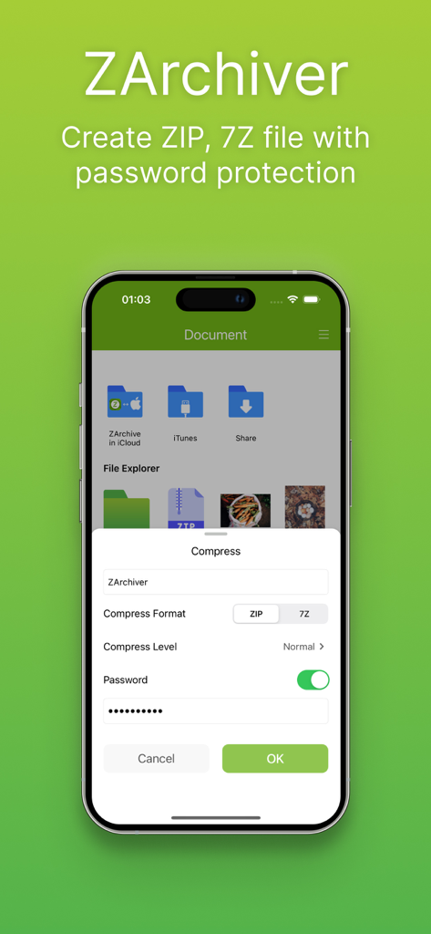 ZArchiver: UnZip, UnRar, 7Z - Interface do aplicativo ZArchiver mostrando opções para criar arquivos ZIP e 7Z protegidos por senha no iPhone