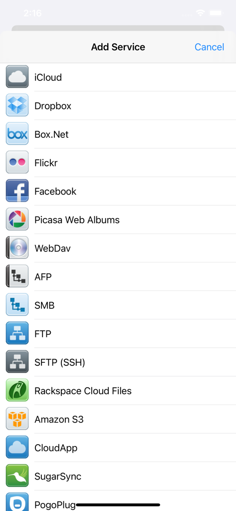 A list of cloud storage and network protocol options including Dropbox FTP SFTP and Amazon S3 in the iFiles app