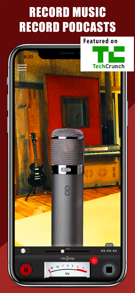 MicSwap Pro app interface showing a studio microphone model and recording controls for music and podcasts