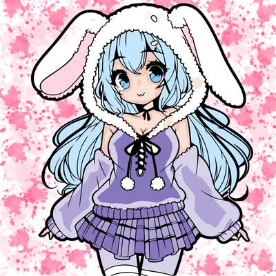 pretty anime girl wearing a fluffy hoodie with bunny ears on the hood and a skirt
