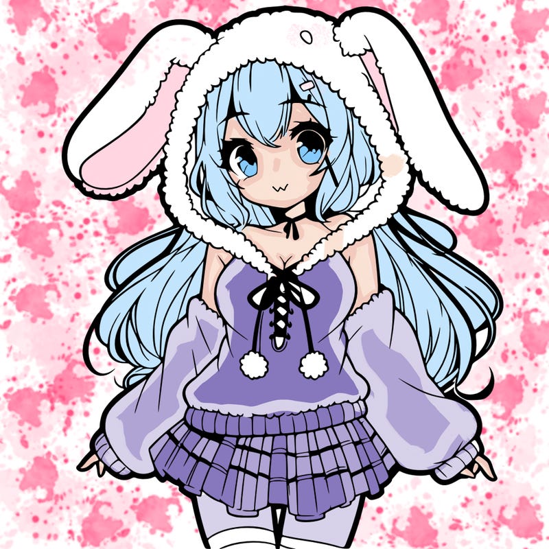 pretty anime girl wearing a fluffy hoodie with bunny ears on the hood and a skirt