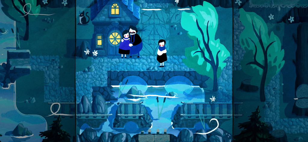 A watercolor illustration of Paige standing in front of a cozy house with two characters hugging in a foldable paper world.