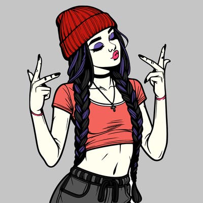 realistic teenage girl with braids and a beanie and crop top doing 🫶🏼